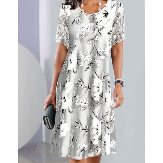 🌹 Rochie elegantă cu decolteu rotund și imprimeu floral lejer cu mâneci scurte