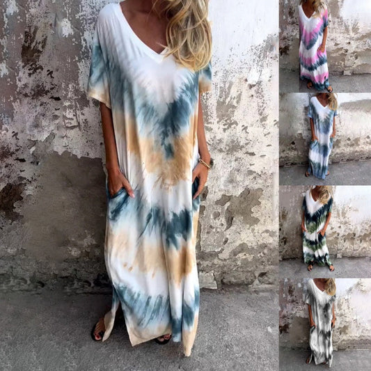 🎁 Rochie lungă cu decolteu în V cu imprimeu lejer