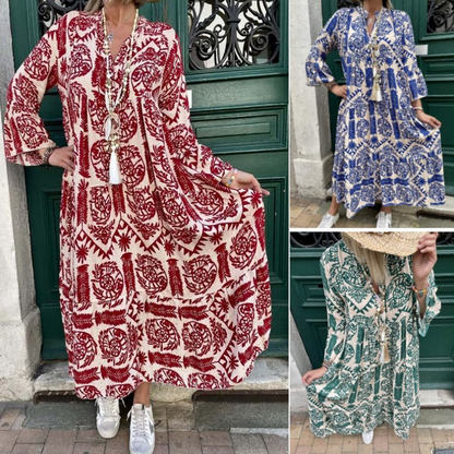 【S-4XL】💮Rochie plisată imprimată cu decolteu în V pentru femei