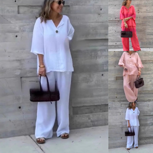 🤍Set din 2 piese pentru femei cu top și pantaloni largi