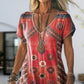 👗 Femei imprimate V-Neck scurtă maneca rochie lungă