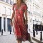👗 Femei imprimate V-Neck scurtă maneca rochie lungă