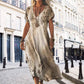 👗 Femei imprimate V-Neck scurtă maneca rochie lungă