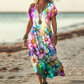 👗 Femei imprimate V-Neck scurtă maneca rochie lungă