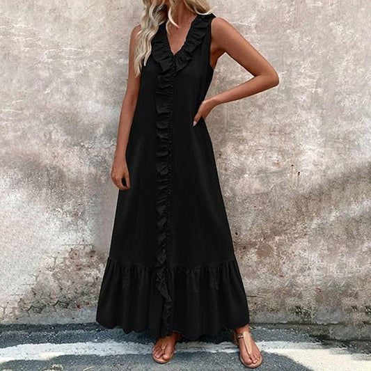 Femeii Casual V-Neck fără mâneci Ruffled Maxi Dress