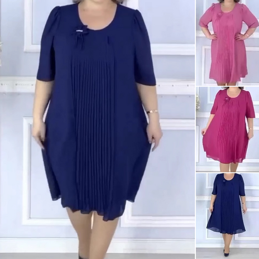 👗 Rochie plisată cu mânecă scurtă și gât rotund
