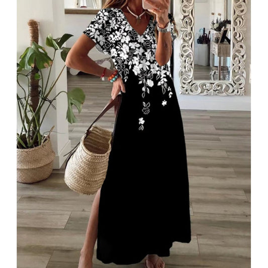 👗 Rochie cu imprimeu floral la gât, cu tiv tăiat lateral
