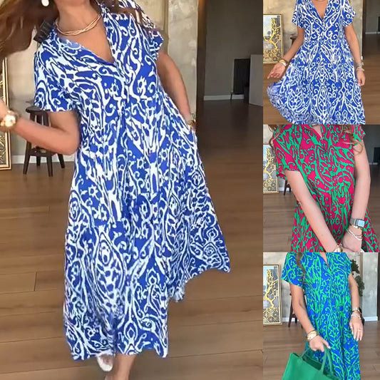 Rochie lungă tipărită casual pentru femei cu buzunar liber