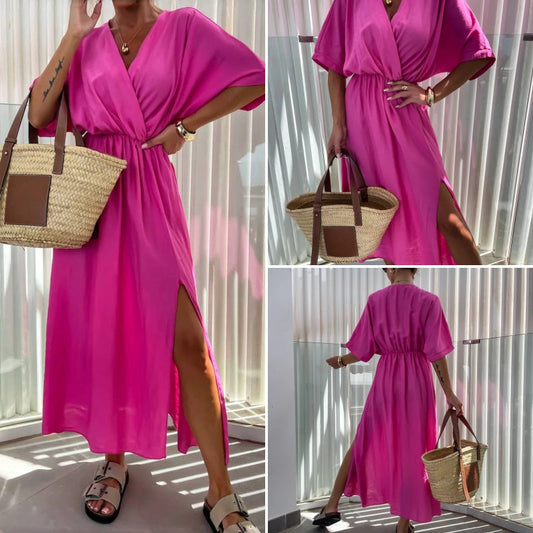 💖 Rochie casual de culoare solidă cu tăietură pentru femei, cu gât în V