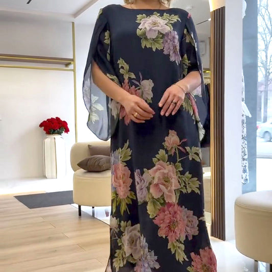 Rochie lungă elegantă cu guler rotund și imprimeu pentru femei