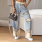 ✨Pantaloni largi din denim patchwork cu șnur elastic