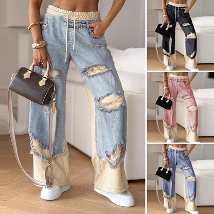 ✨Pantaloni largi din denim patchwork cu șnur elastic