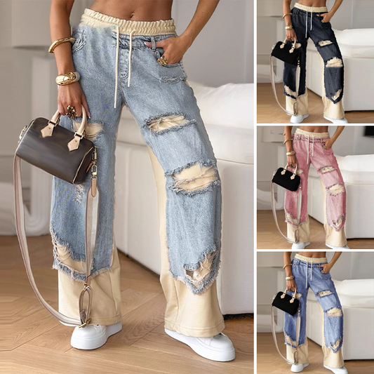 ✨Pantaloni largi din denim patchwork cu șnur elastic