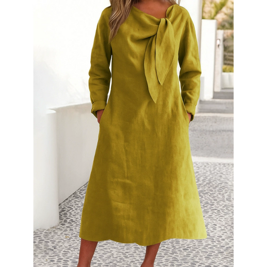 👗Rochie într-o singură culoare, cu mâneci lungi și decolteu rotund