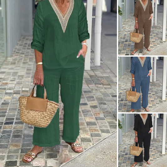 【S-3XL】✨Top cu decolteu în V și pantaloni cu picior lat pentru femei