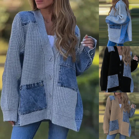 Cardigan oversized din tricot gros, cu patchwork, pentru femei