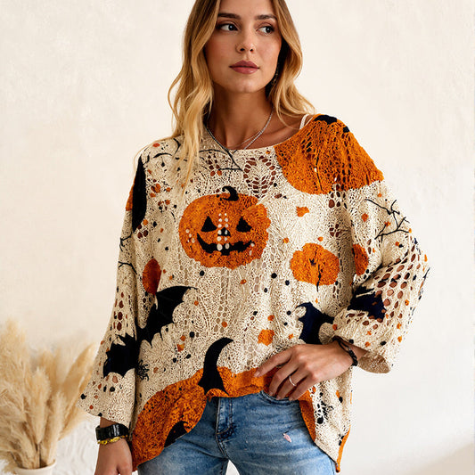 Pulover din tricot cu mâneci largi și croi lejer pentru femei, pentru Halloween