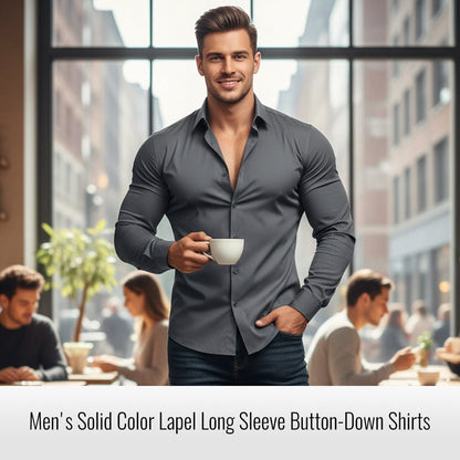 ⏰Men's Solid Color Lapel Long Sleeve Button-Down Shirts-2