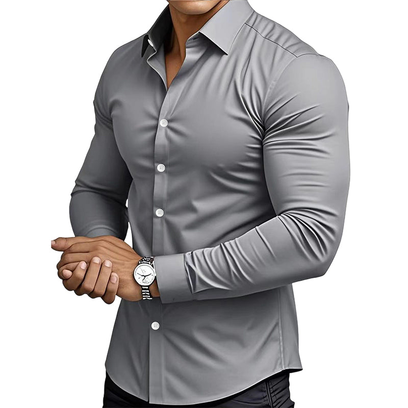 ⏰Men's Solid Color Lapel Long Sleeve Button-Down Shirts-3