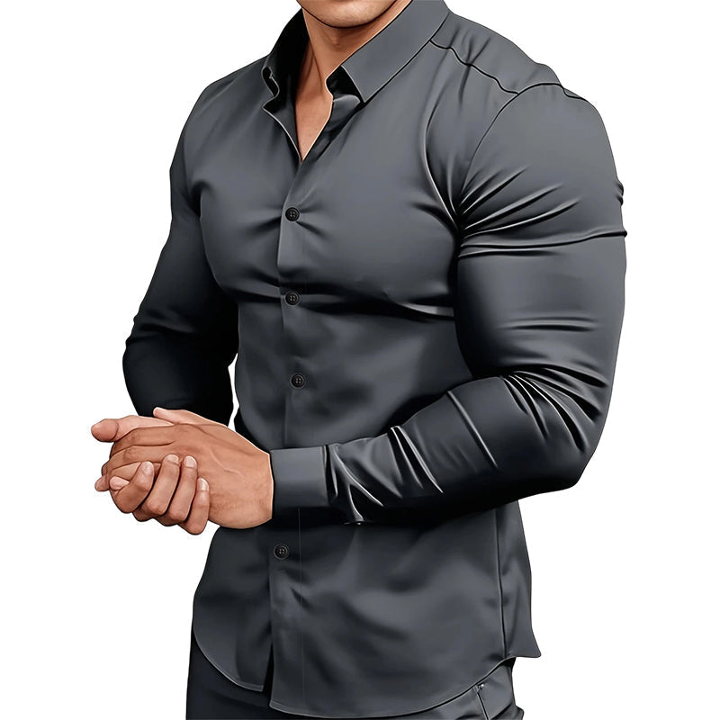 ⏰Men's Solid Color Lapel Long Sleeve Button-Down Shirts-14