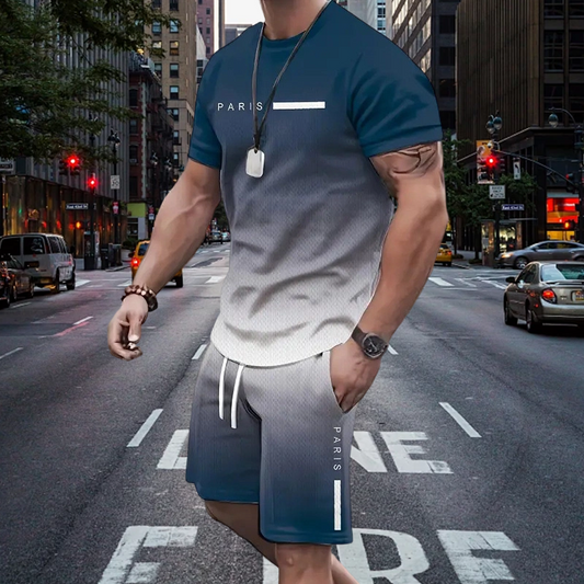 😎Set de tricou și pantaloni scurți pentru bărbați, cu efect de degrade