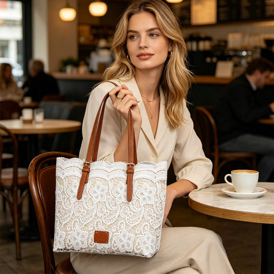 Geantă de umăr retro din dantelă – dantelă elegantă, interior spațios și curea de umăr reglabilă