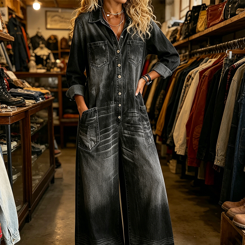 🔥 Women's Casual Long Sleeve Denim Jumpsuit