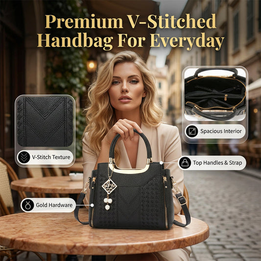 🥳New Arrival 40% OFF👜Women's V-Stitched Satchel – Gold Hardware, Multi-Compartment, Top-Handle 🌸