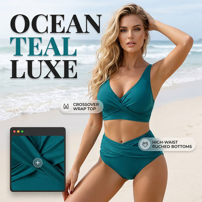 🌸 REDUCERE DE 50% ACUM! 🌸 SET DE BIKINI CU TALIE ÎNALTĂ ȘI PLIURI, CARE ÎȚI PUNE ÎN VALOARE SILUETA