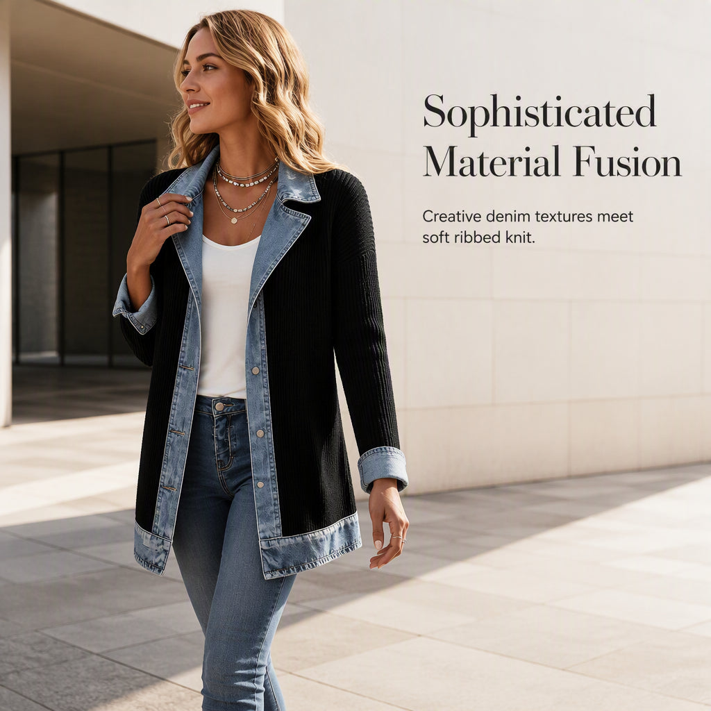 🌸LAST DAY SPECIAL PRICE!!🌸Women’s Elegant Denim Spliced Ribbed Knit Coat-2