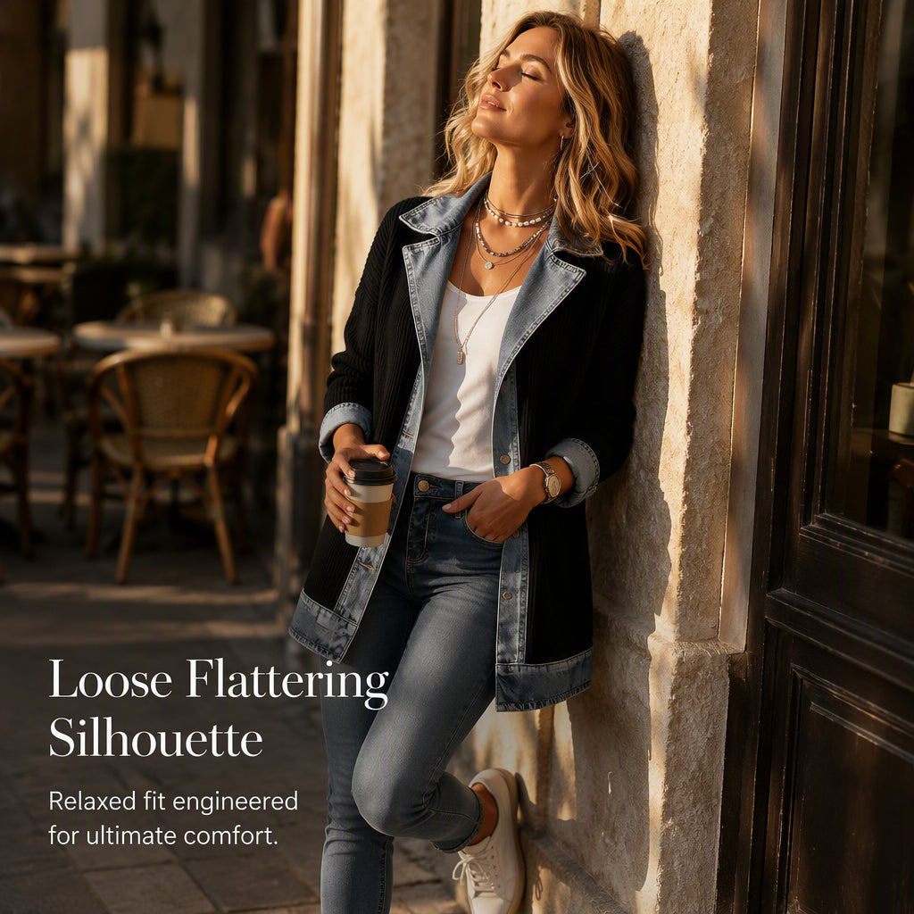 🌸LAST DAY SPECIAL PRICE!!🌸Women’s Elegant Denim Spliced Ribbed Knit Coat-3