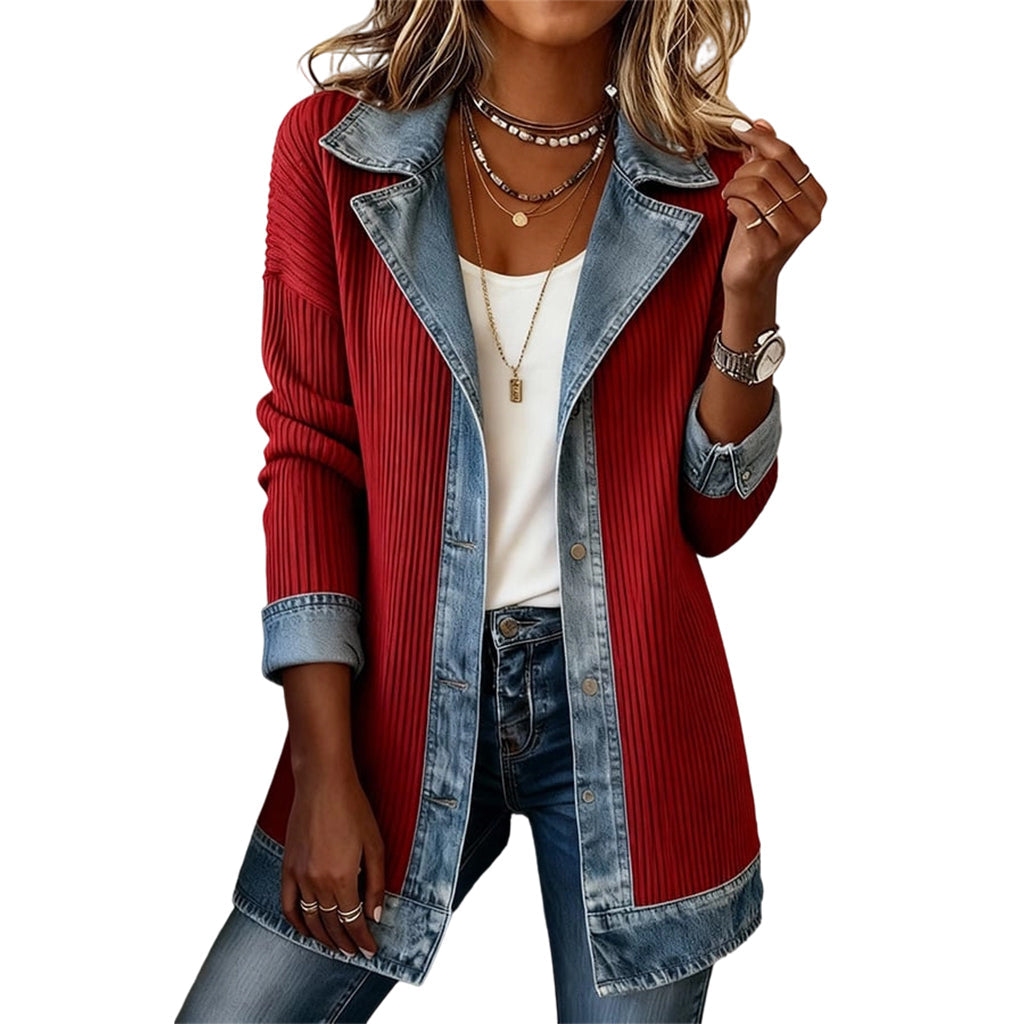 🌸LAST DAY SPECIAL PRICE!!🌸Women’s Elegant Denim Spliced Ribbed Knit Coat-16