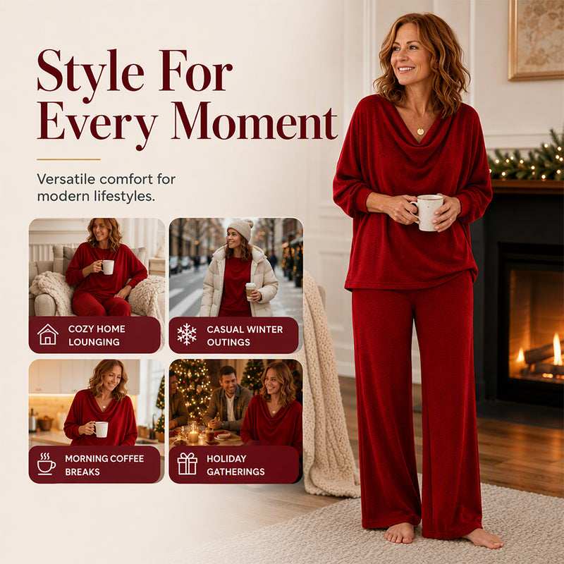💖Black Friday Mega Deal – 50% off!💖🍂 Women's Cowl Neck Top and Wide-Leg Pants Set – Effortless Elegance for Autumn