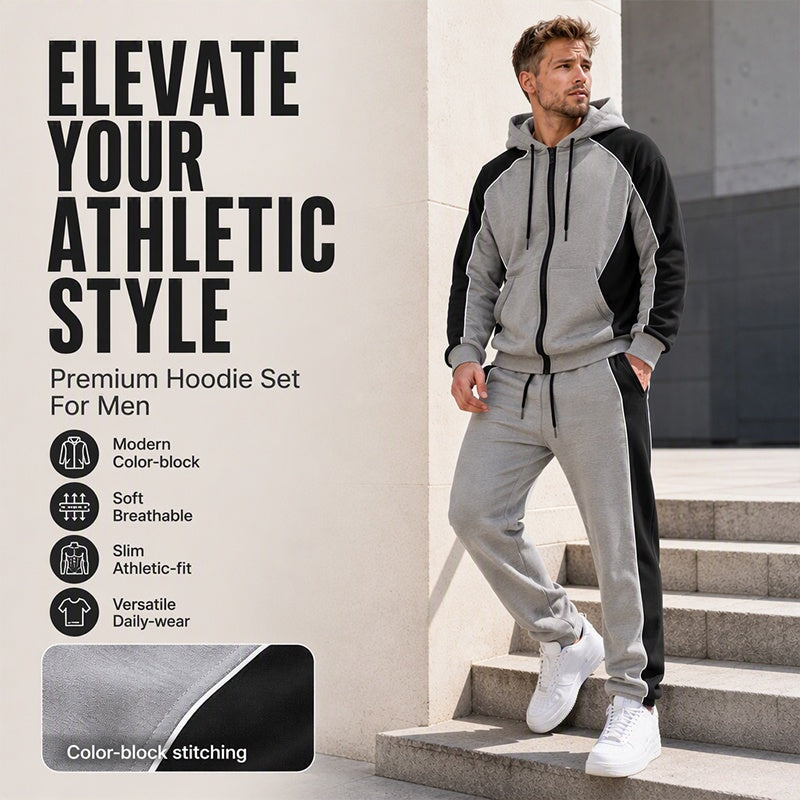 Men's Color-Block Zip-Up Hoodie & Sweatpants Set – cutesion