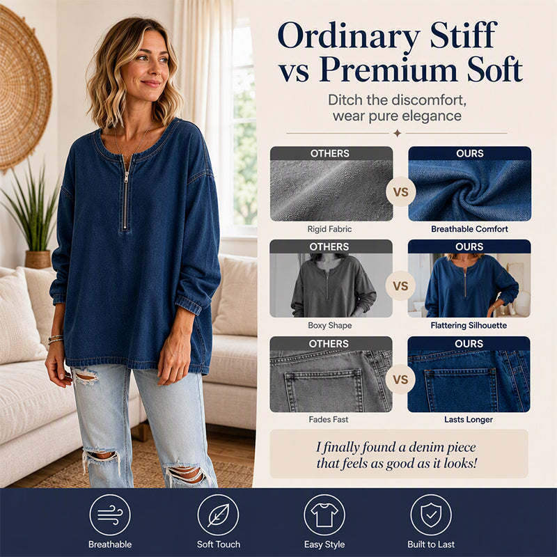 Women's Long Sleeve Half-Zip Denim Pullover-2
