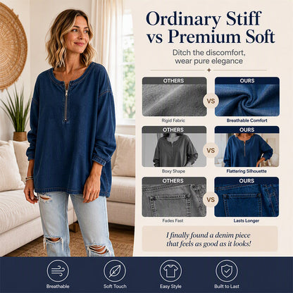 Women's Long Sleeve Half-Zip Denim Pullover-2