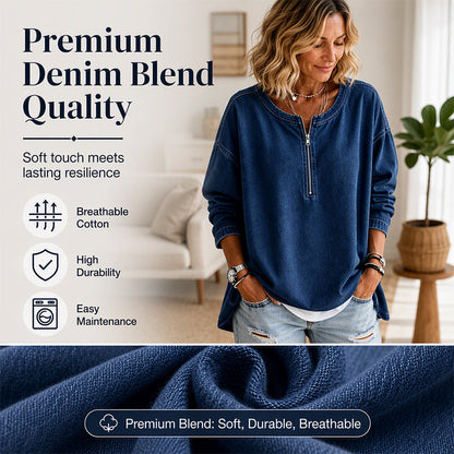 Women's Long Sleeve Half-Zip Denim Pullover-3