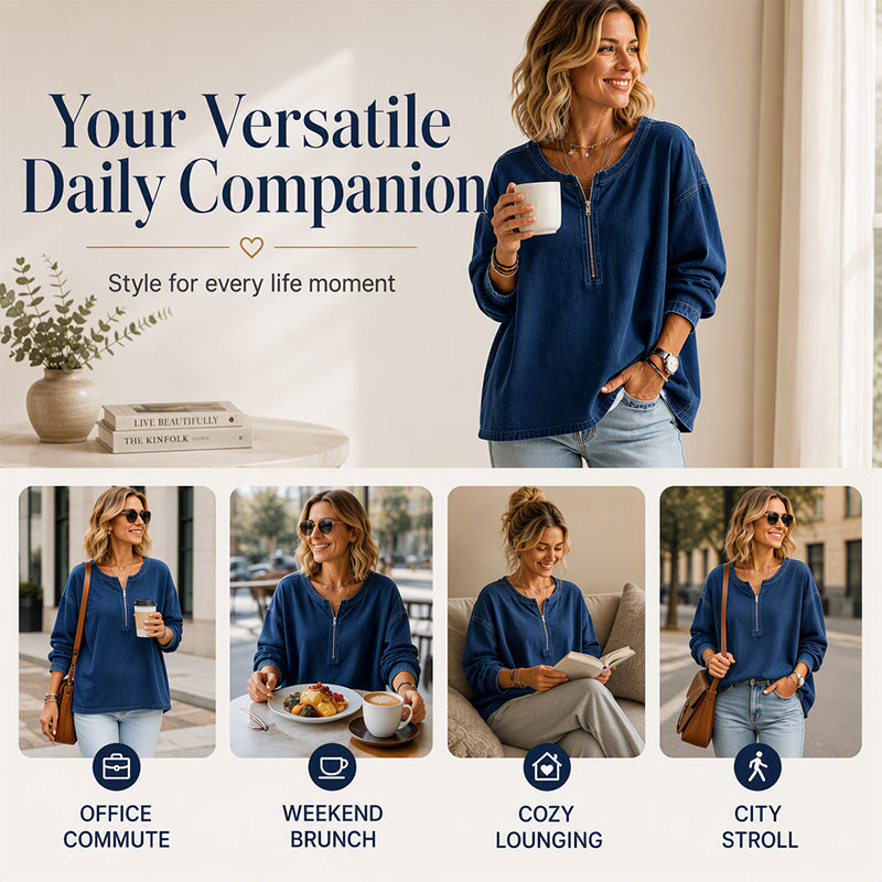 Women's Long Sleeve Half-Zip Denim Pullover-4