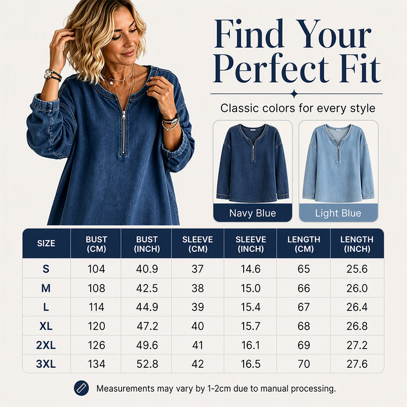 Women's Long Sleeve Half-Zip Denim Pullover-5