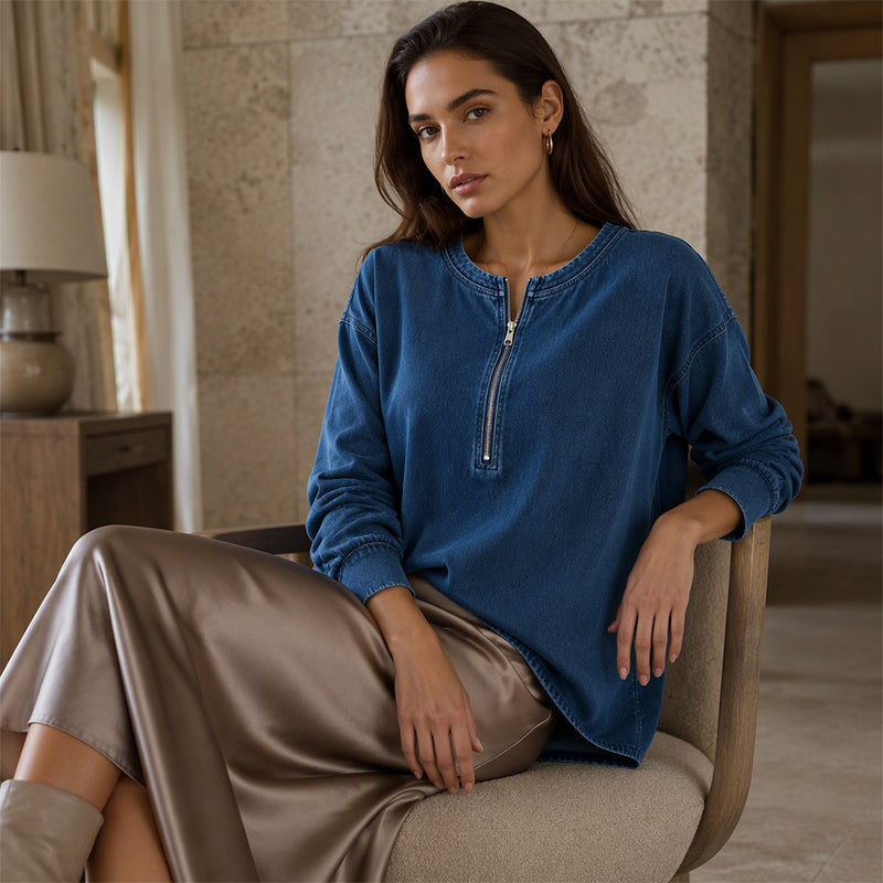 Women's Long Sleeve Half-Zip Denim Pullover-8