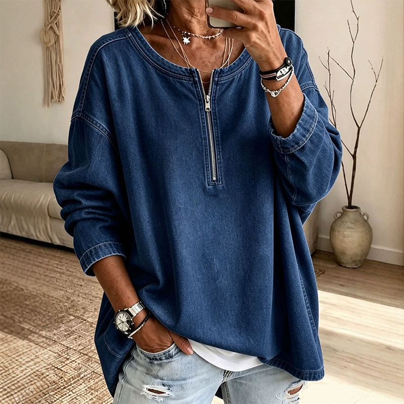 Women's Long Sleeve Half-Zip Denim Pullover-9