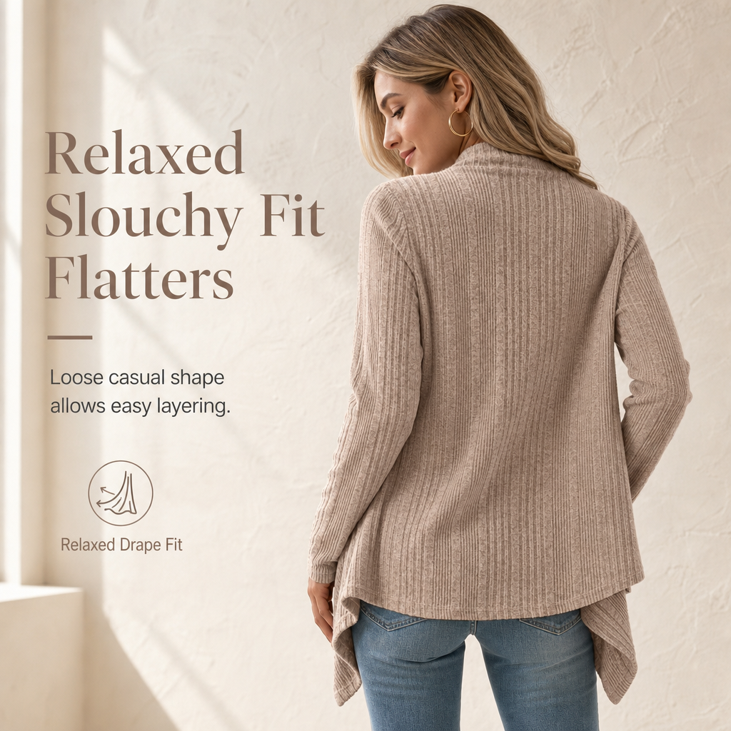Women’s Cascading Open Front Ribbed Knit Cardigan – Your Go-To Lightweight Layer For All Occasions