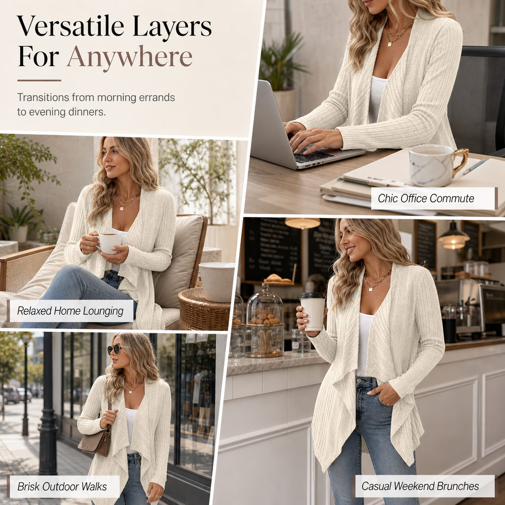 Women’s Cascading Open Front Ribbed Knit Cardigan – Your Go-To Lightweight Layer For All Occasions