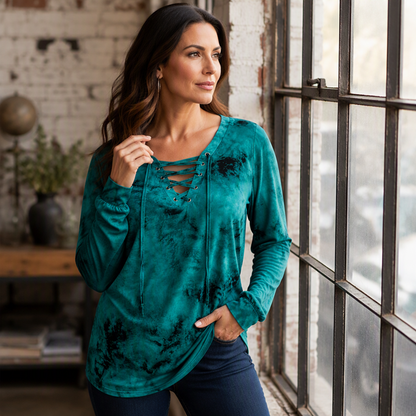 🖤Black Friday Sale:50% OFF🖤🌸Women's Tie-Dye Printed Lace-Up V-Neck Top