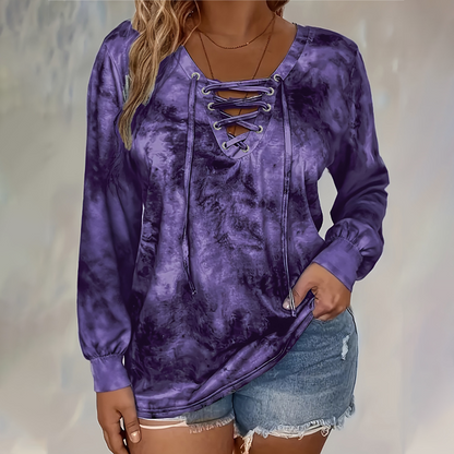 🖤Black Friday Sale:50% OFF🖤🌸Women's Tie-Dye Printed Lace-Up V-Neck Top
