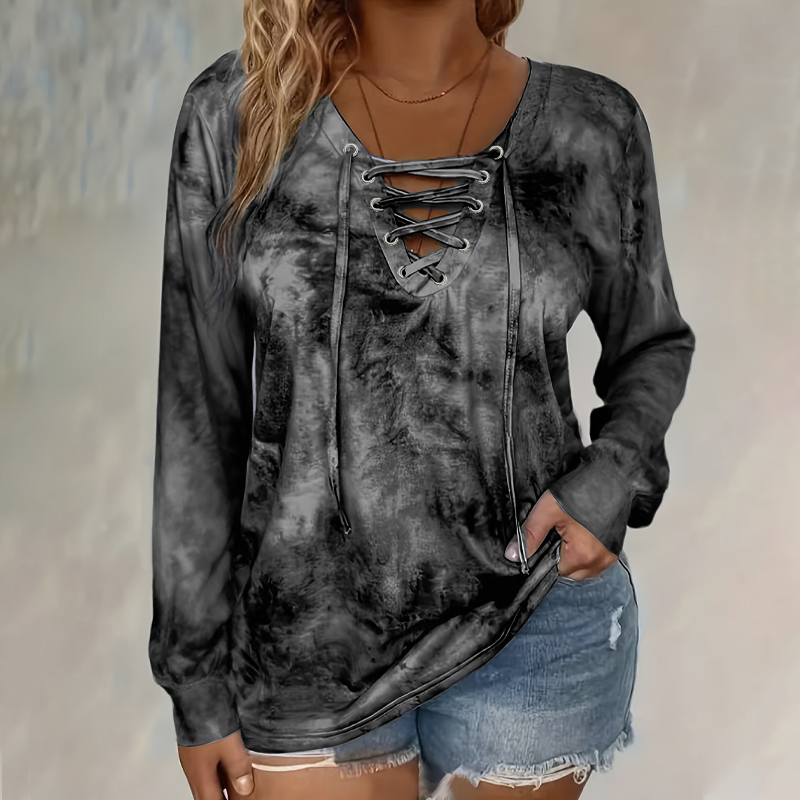 🖤Black Friday Sale:50% OFF🖤🌸Women's Tie-Dye Printed Lace-Up V-Neck Top