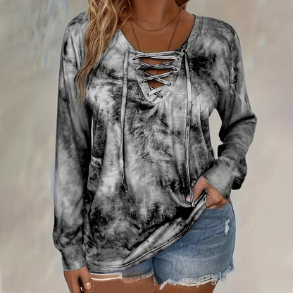 🖤Black Friday Sale:50% OFF🖤🌸Women's Tie-Dye Printed Lace-Up V-Neck Top