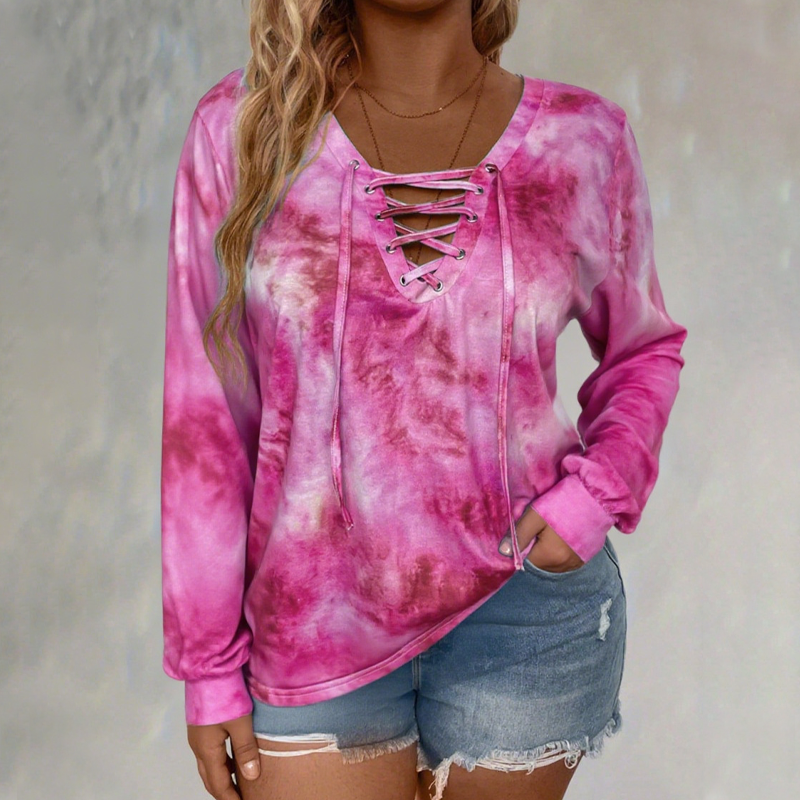 🖤Black Friday Sale:50% OFF🖤🌸Women's Tie-Dye Printed Lace-Up V-Neck Top