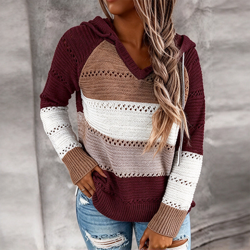 Women's Color Block Hollow-Out Knit Hoodie