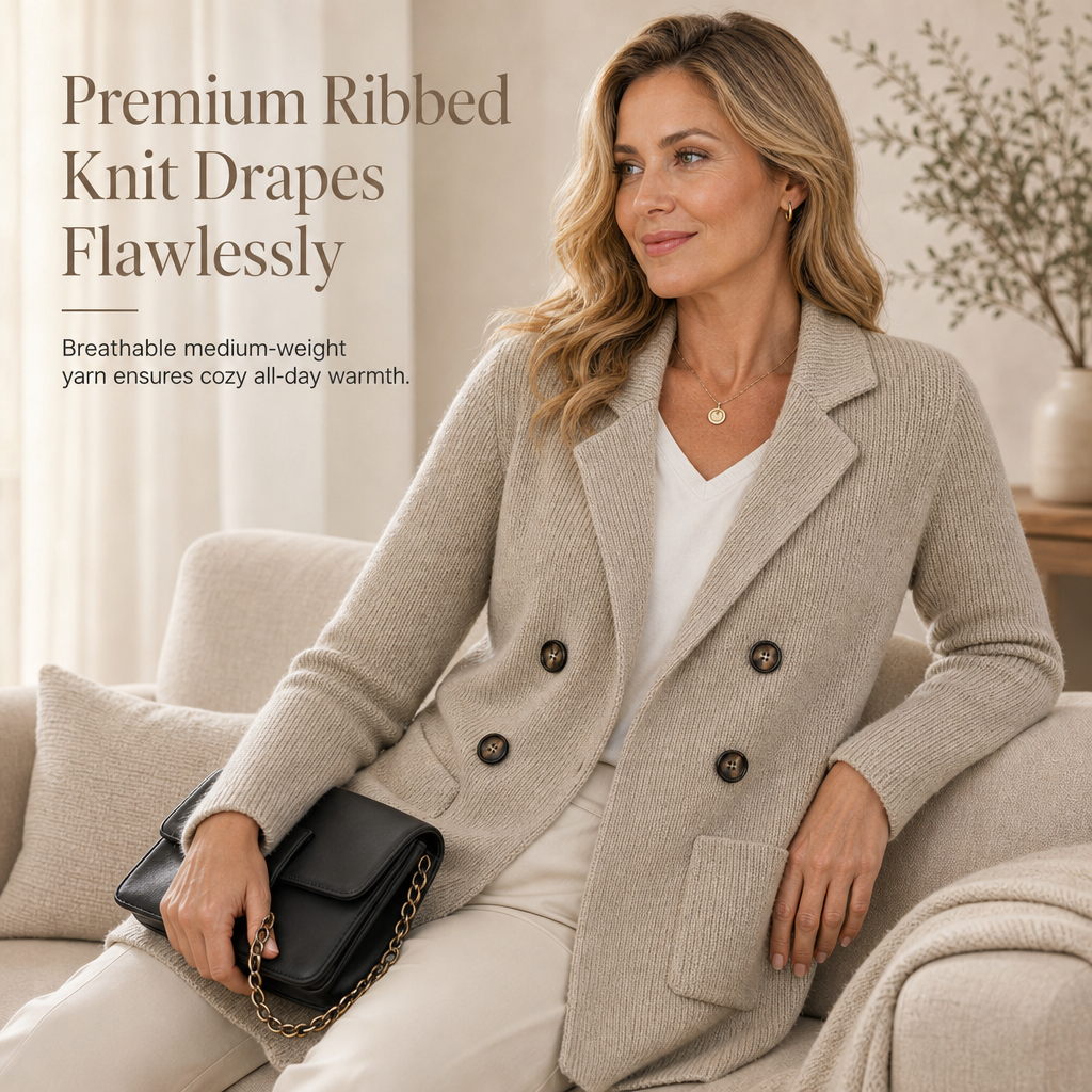 Premium Double-Breasted Knit Blazer, Elegant Ribbed Knit Jacket for Women, Casual-Formal Outerwear for the Office and Home